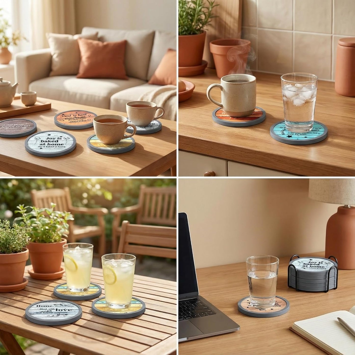 Holder / Soft Felt Insert / 4.3 Inch Coasters with 4.5 Inch Holder / Farmhouse Style-02 / Set of 6