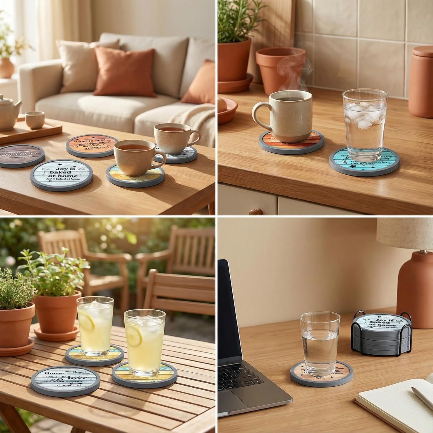 Holder / Soft Felt Insert / 4.3 Inch Coasters with 4.5 Inch Holder / Farmhouse Style-02 / Set of 6