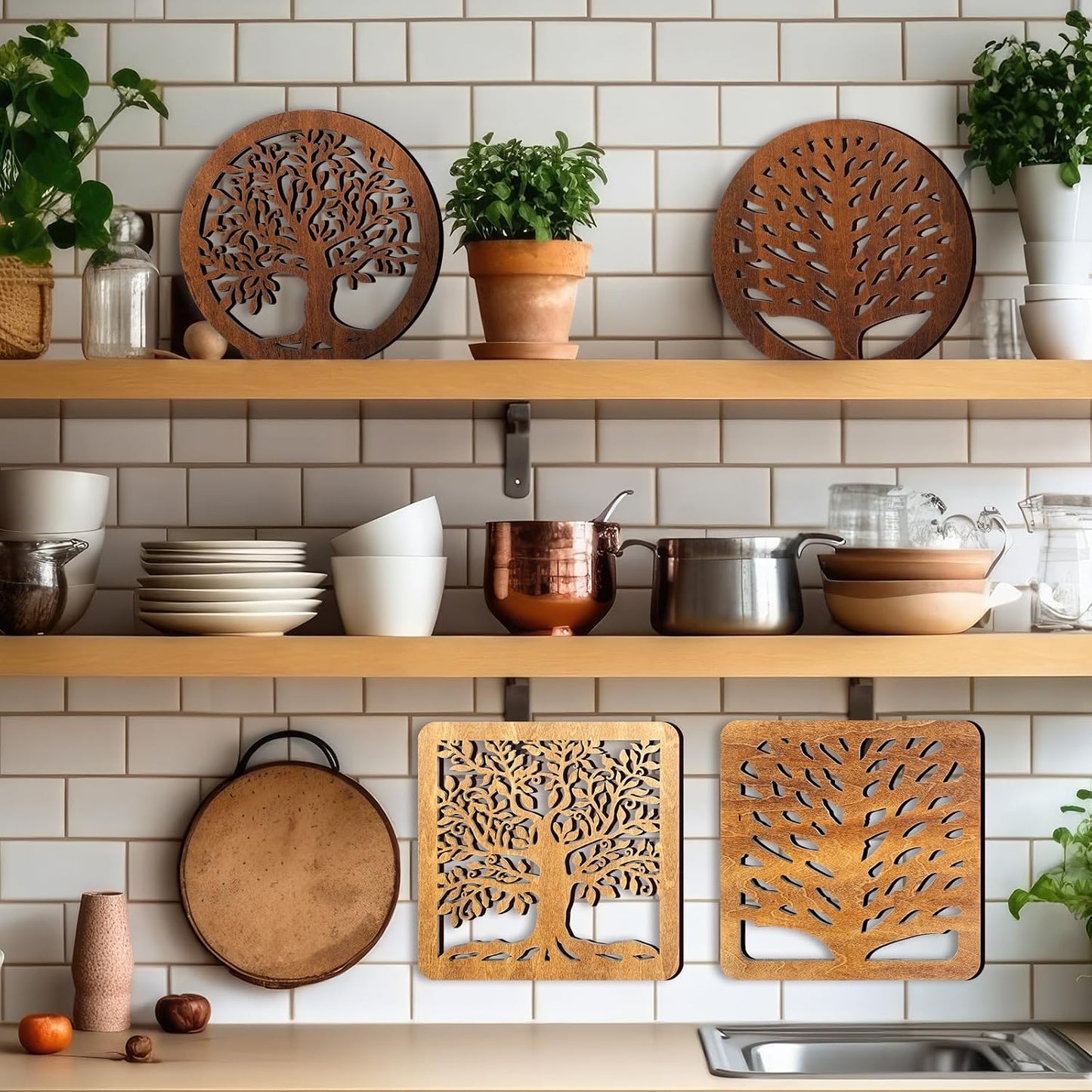Beeveer 5 Pcs Life Tree Wooden Trivets with Storage Rack Hot Pads Trivets for Hot Dishes Pots and Pans Heat Resistant