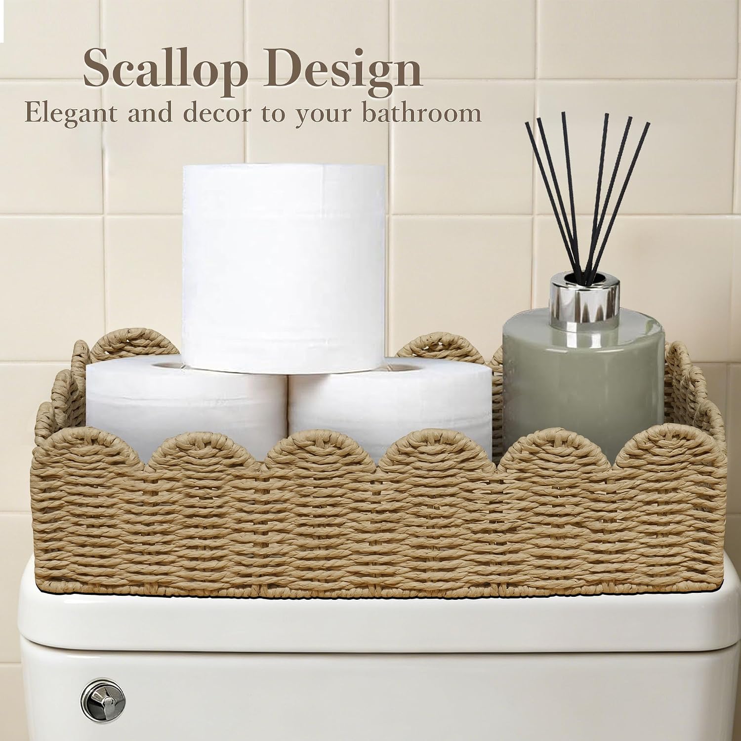 Scalloped Wicker Toilet Paper Storage Basket / Beige / Set of 2