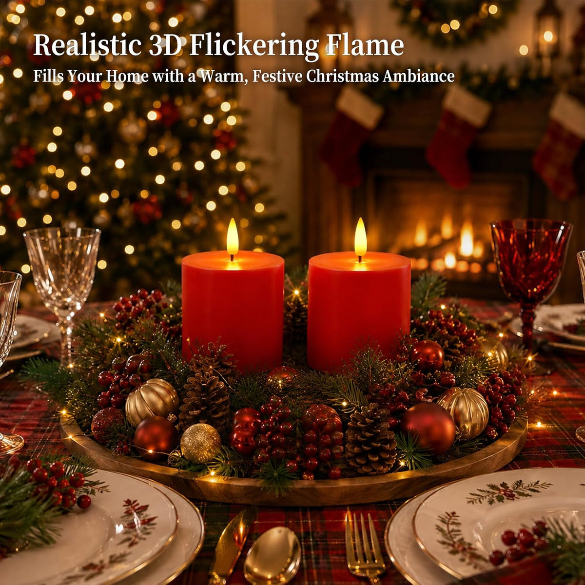 Homemory 3x3 Red Flameless Candles Battery Operated with Remote Timer, 2PC | Real Wax LED Pillar Candles with Realistic