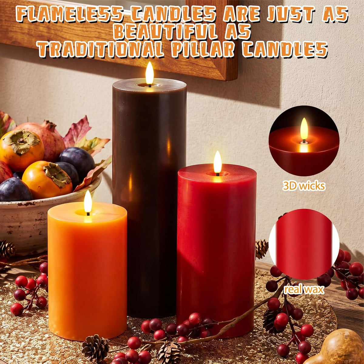 3 Pcs Fall 6/8/12 Inches Flameless LED Candles with Remote and 2/4/8h Timer Red Orange Brown Battery Operated Wax