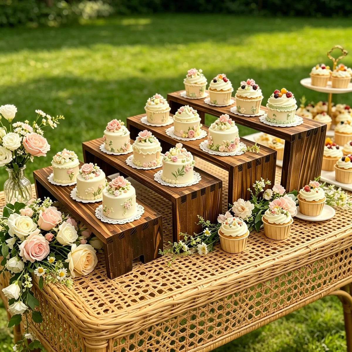 Yikaroeli Large Display Wood Risers Wooden Display Stand Tiered Wood Racks Decorative Rectangular, 4 Set 16 Pieces