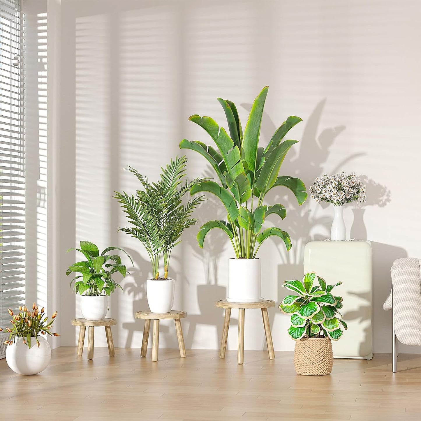 3-Pack Wood Plant Stands Indoor, Single Plant Stand for 6-12 Inch Pots, Mid-Century Modern Plant Stool, Tall Plant