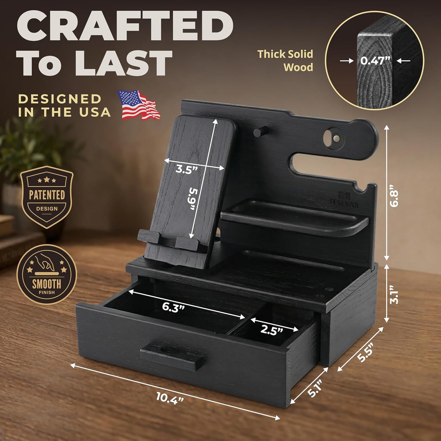 TESLYAR Wood Phone Docking Station with Drawer - Nightstand Organizer - Desk Organizer for Husband - Birthday Gifts for