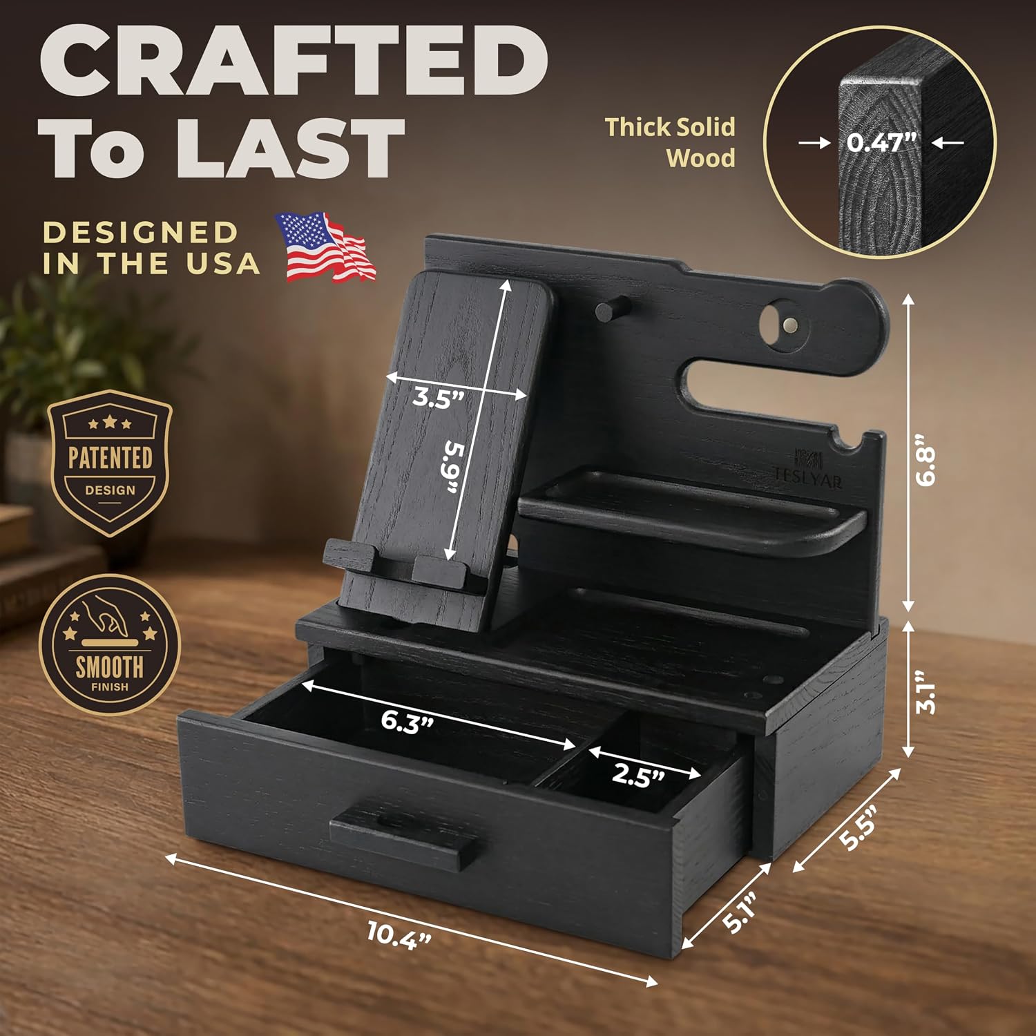TESLYAR Wood Phone Docking Station with Drawer - Nightstand Organizer - Desk Organizer for Husband - Birthday Gifts for