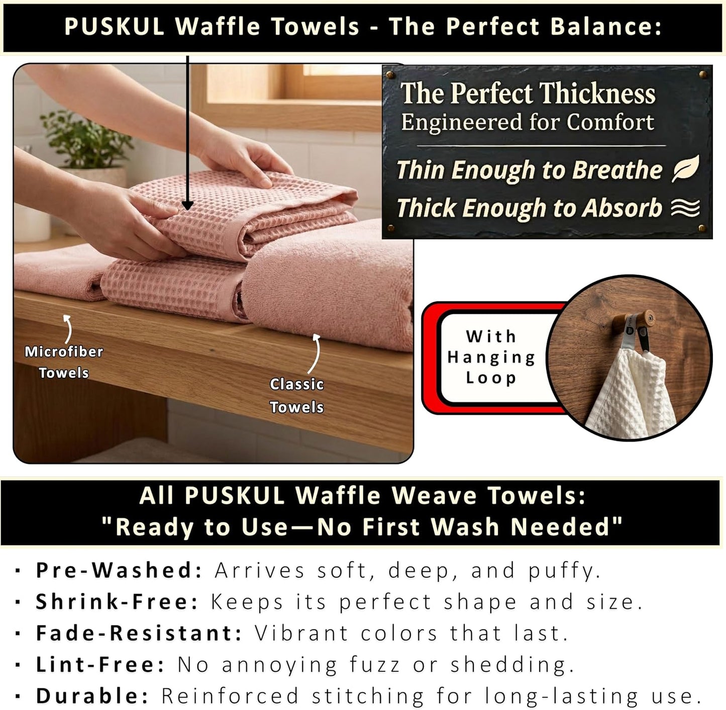 PÜSKÜL Natural 100% Turkish Cotton Waffle Bath Towels Set of 2, Extra-Large | Pink Powder, Oversize 32x63" Bath sheet
