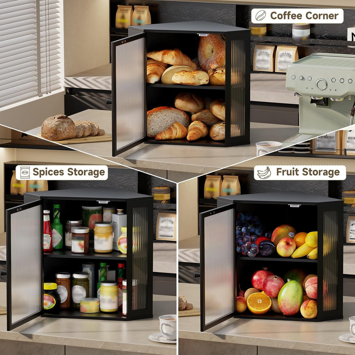 Corner Bread Box for Kitchen Countertop,Bread Storage (Black, Extra Large) | Double Layer Large Capacity Bamboo Bread