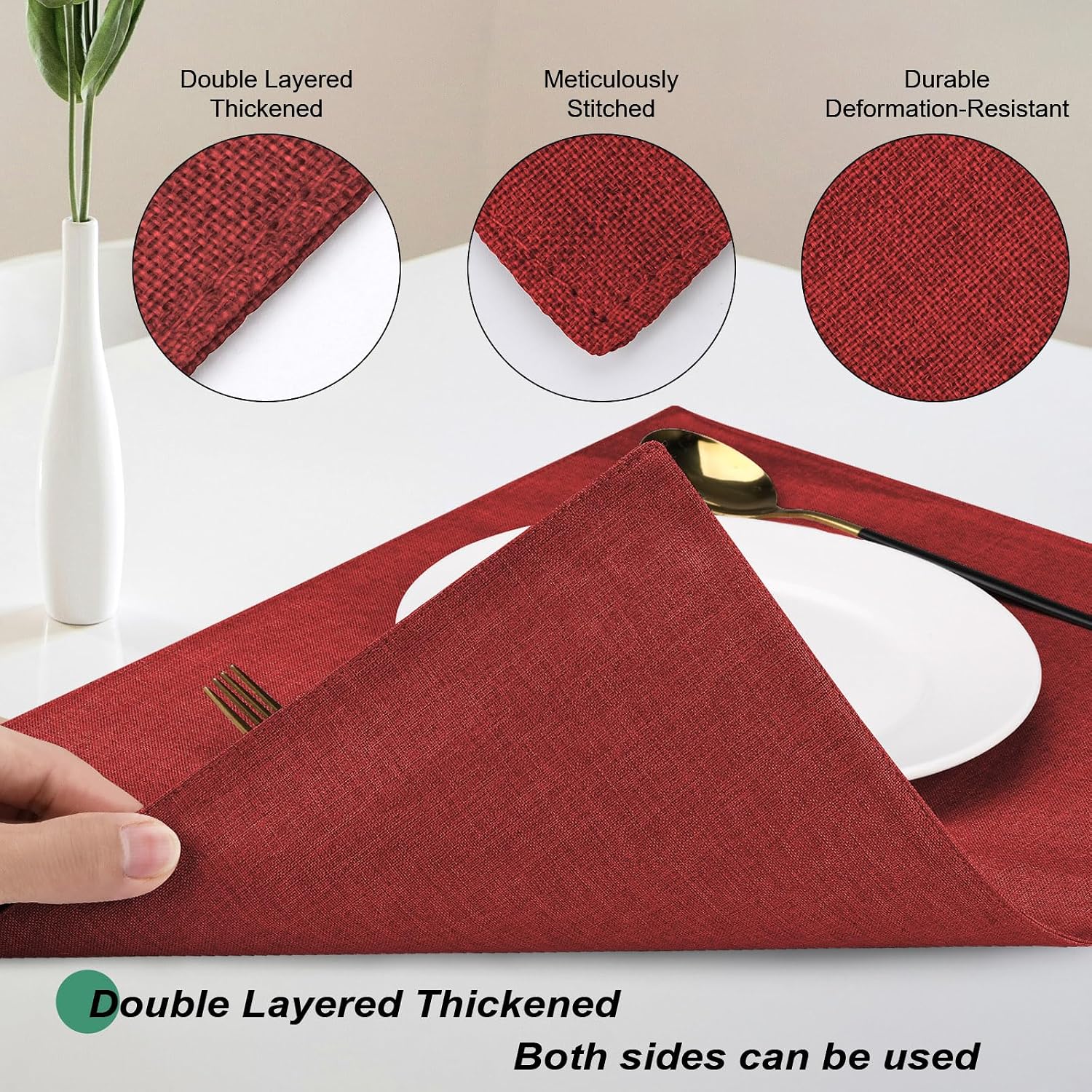 Cloth Placemats Set of 6, Cotton Linen Blend Place Mats, Red | Machine Washable, Double Layered, Heat Resistant, Fabric