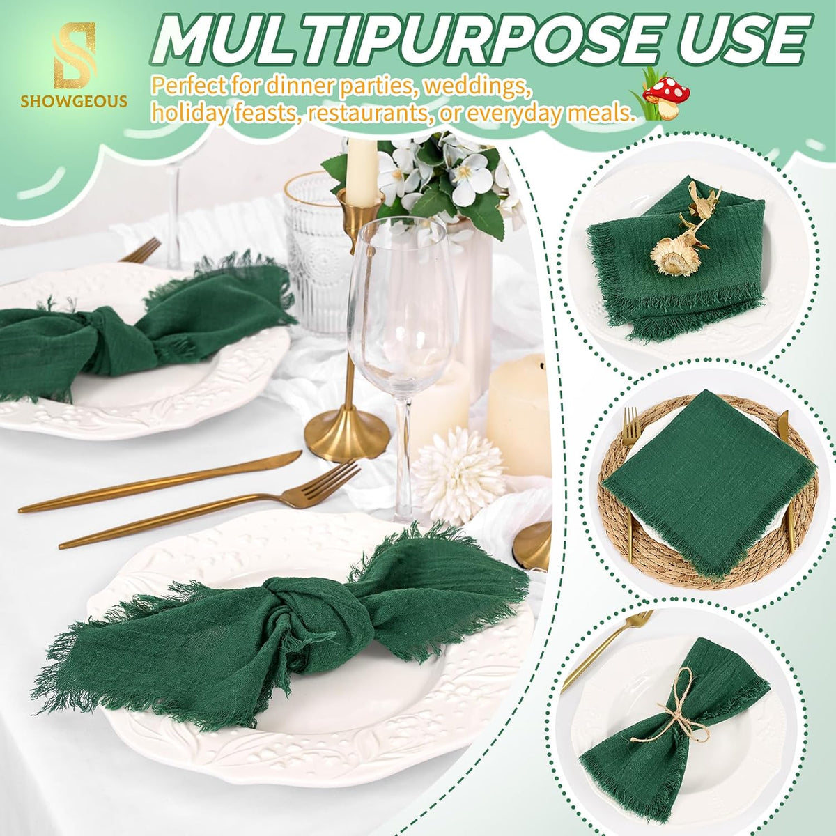 Showgeous 30 Pack Emerald Green Cloth Napkins with Fringe, 16x16 inch | 100% Cotton Green Napkins Handmade Dinner