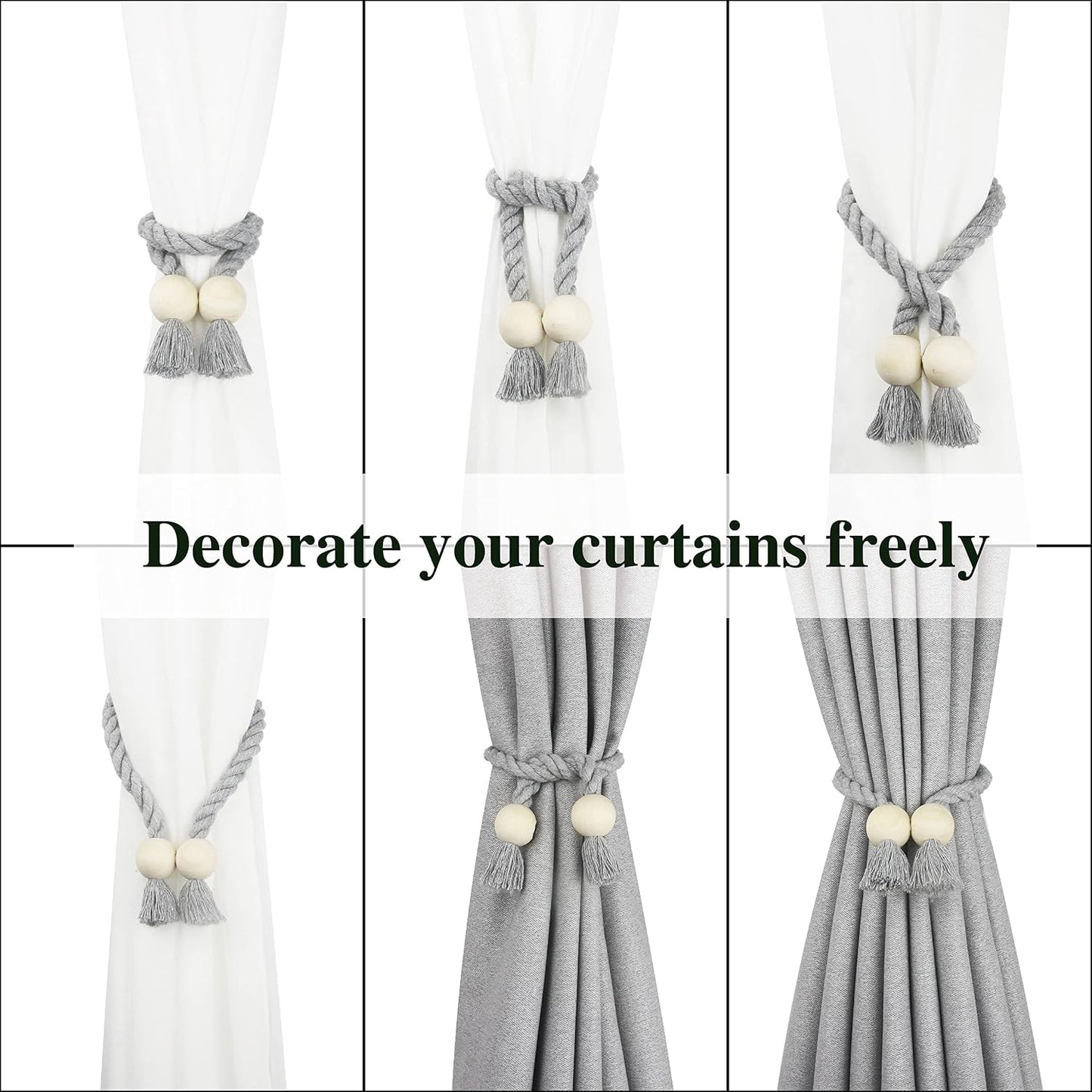 Magnetic Curtain Tiebacks Decorative Tie Back Drapes Holdbacks Nieffeiy | 6 Pack Grey Cotton Hand Woven Rope Curtain