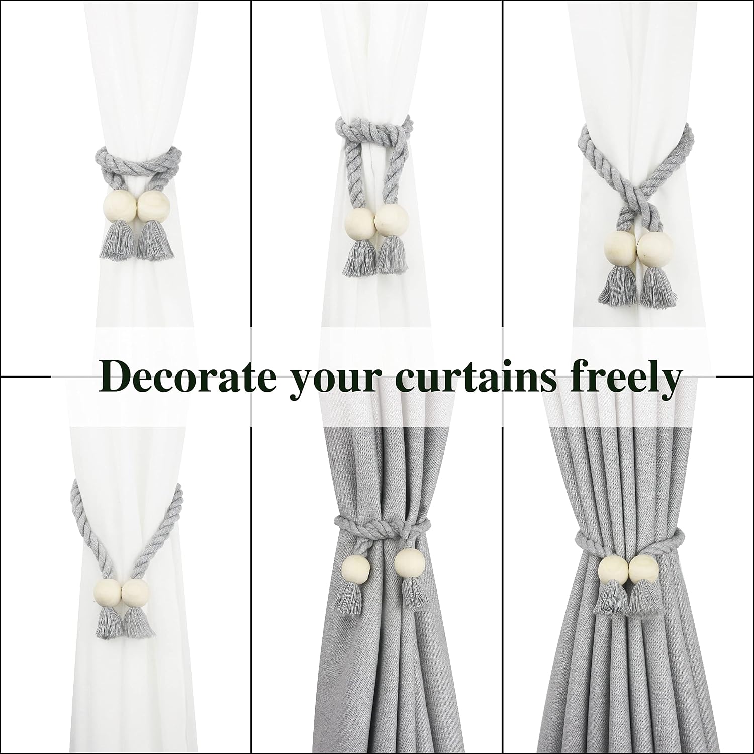Magnetic Curtain Tiebacks Decorative Tie Back Drapes Holdbacks Nieffeiy | 6 Pack Grey Cotton Hand Woven Rope Curtain