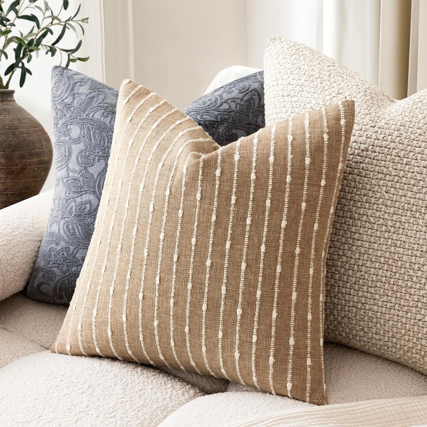 Decorative Jacquard Boucle Throw Pillow Covers Accent Textured Striped / 18 x 18 / Camel / Set of 2