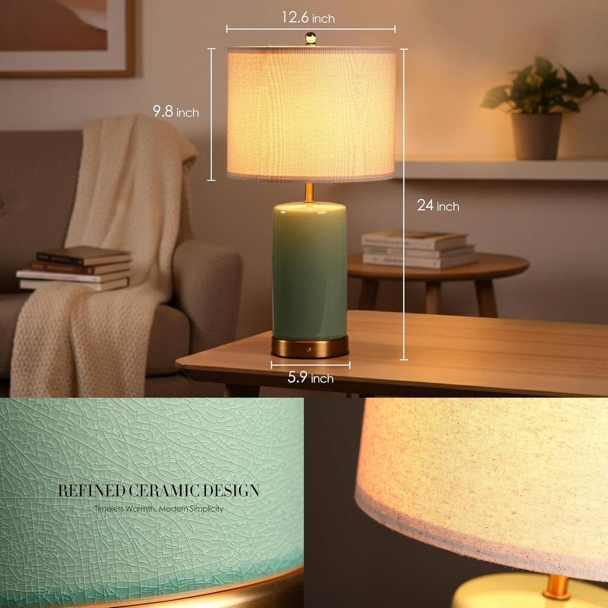 O’Bright Dune - Battery Powered Table Lamp, Rechargeable Cordless Ceramic Lamp, Full-Size 24 Inch Height, 4-Level