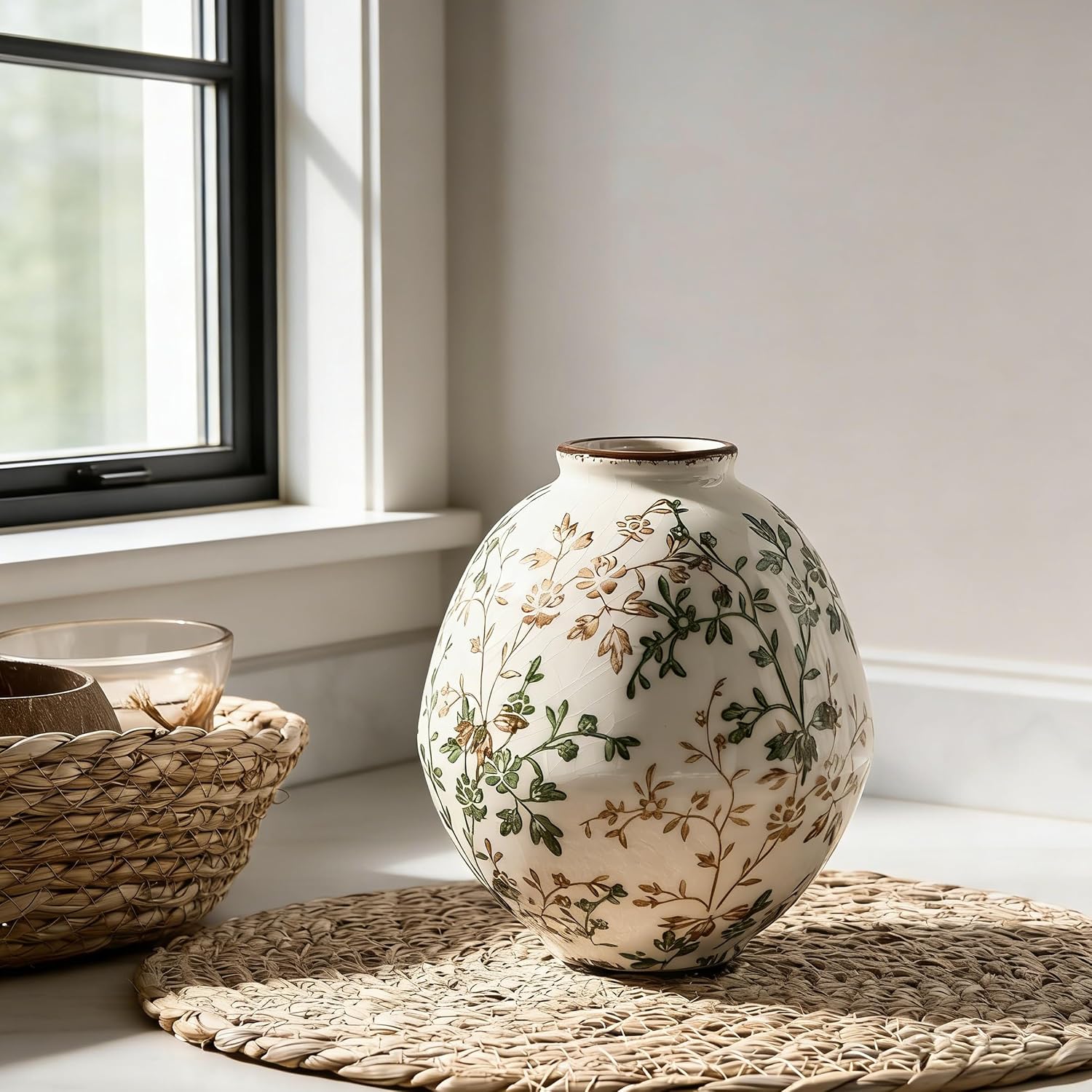 Rustic Ceramic Vase / Beige and Green- 5.83 / 5.83 Inch