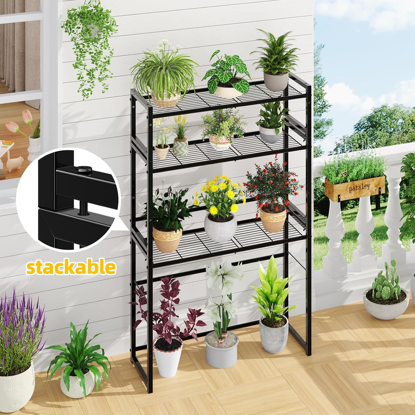 Simple Trending 3 Tier Metal Plant Stand Outdoor Indoor Waterproof, Stackable Heavy Duty Tall Plant Shelf Flower Pot
