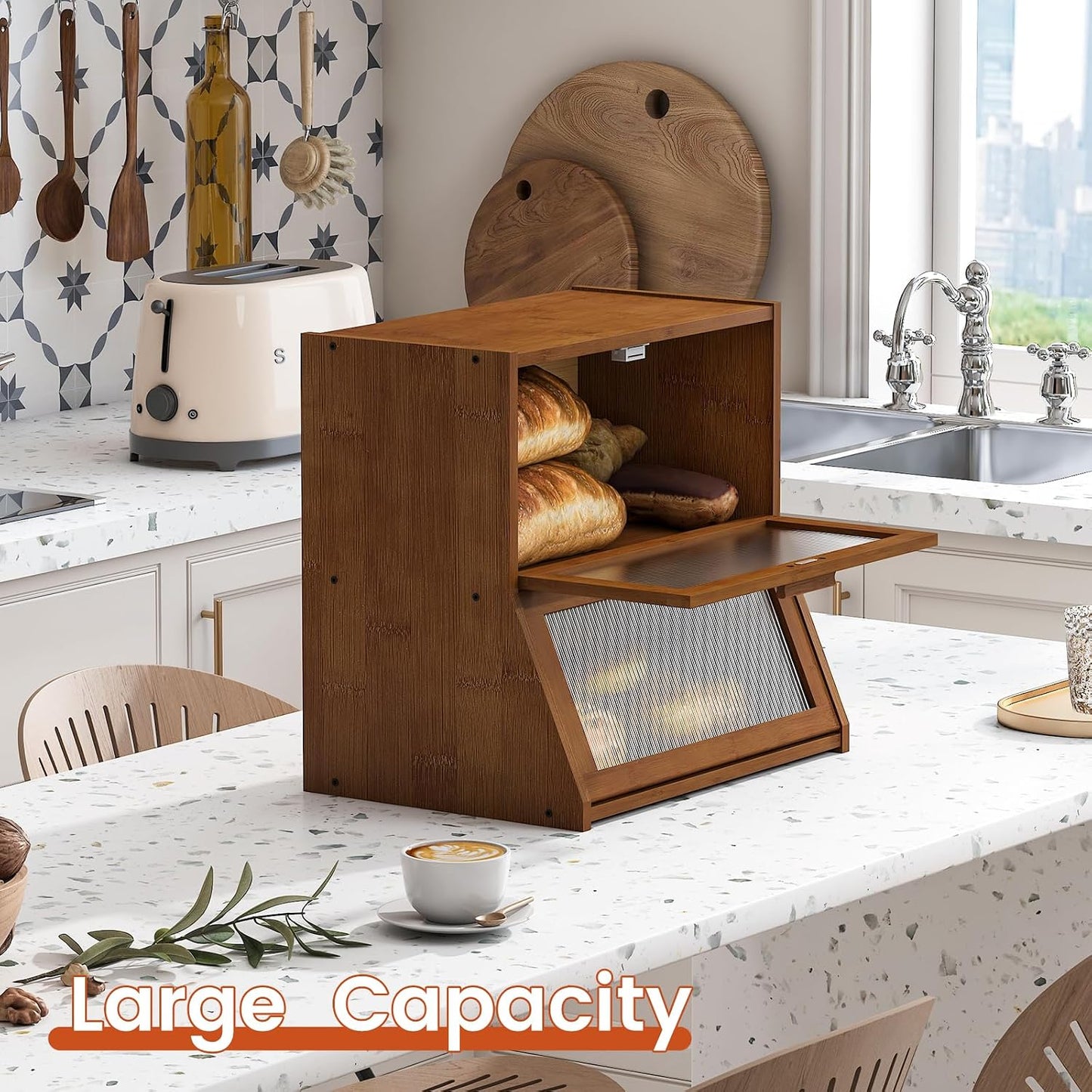 GHWIE Double Layer Bamboo Bread Box for Kitchen Counter,Large Capacity Bread Storage Bin,Bread Container with Acrylic
