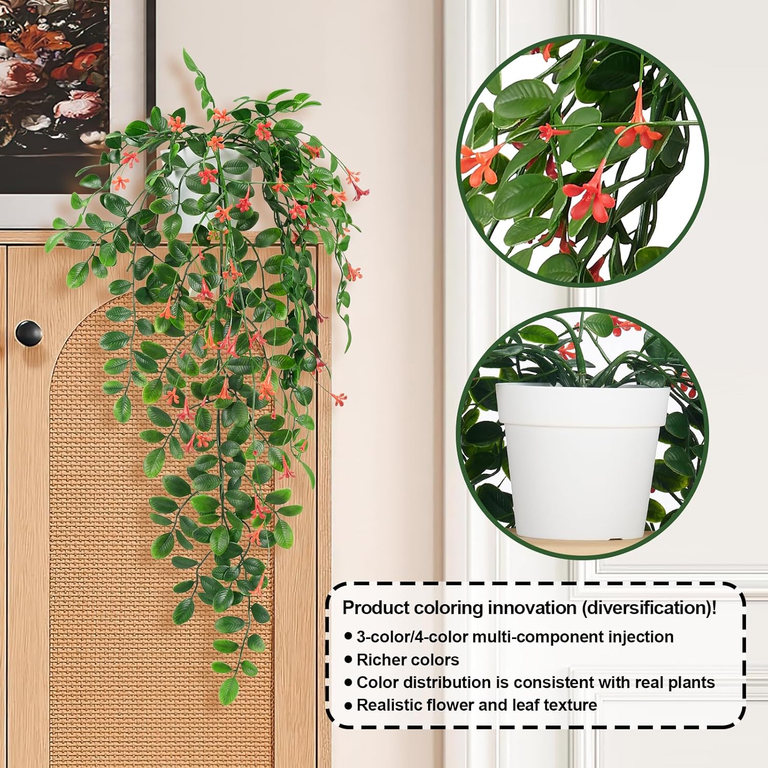 2 x Fake Hanging Plants Small Artificial Potted Lysimachia Plants / Orangered