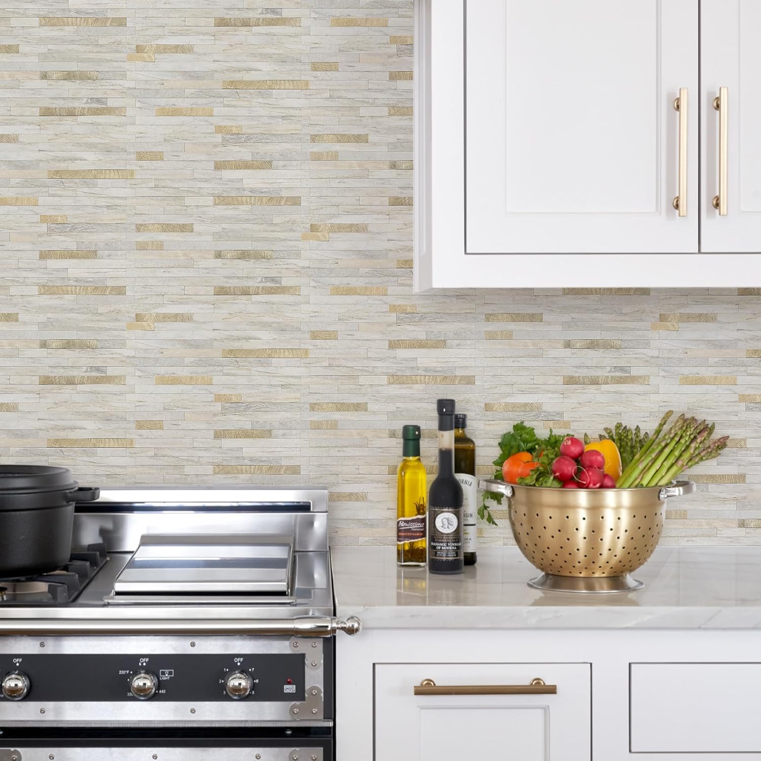 20 Sheets Peel and Stick Backsplash Tile / Sunny Beige + Metal Gold / Set of 20