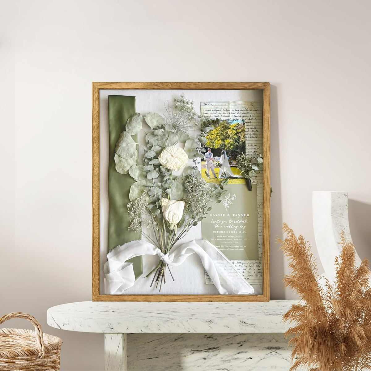Large Shadow Box Frame 16x20 Display Case, Wood Wedding Bouquet Memory Box | Hinged Front Open Door with Tempered