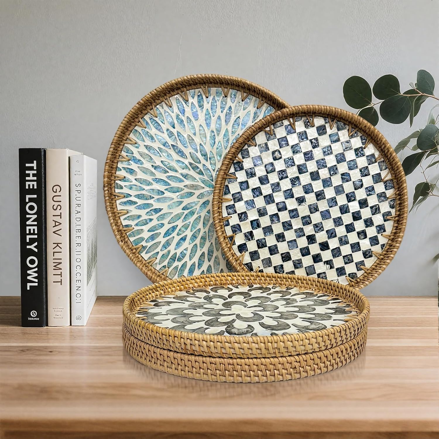Woven Tray / Round Rattan Tray / 13.8 / Checkerboard