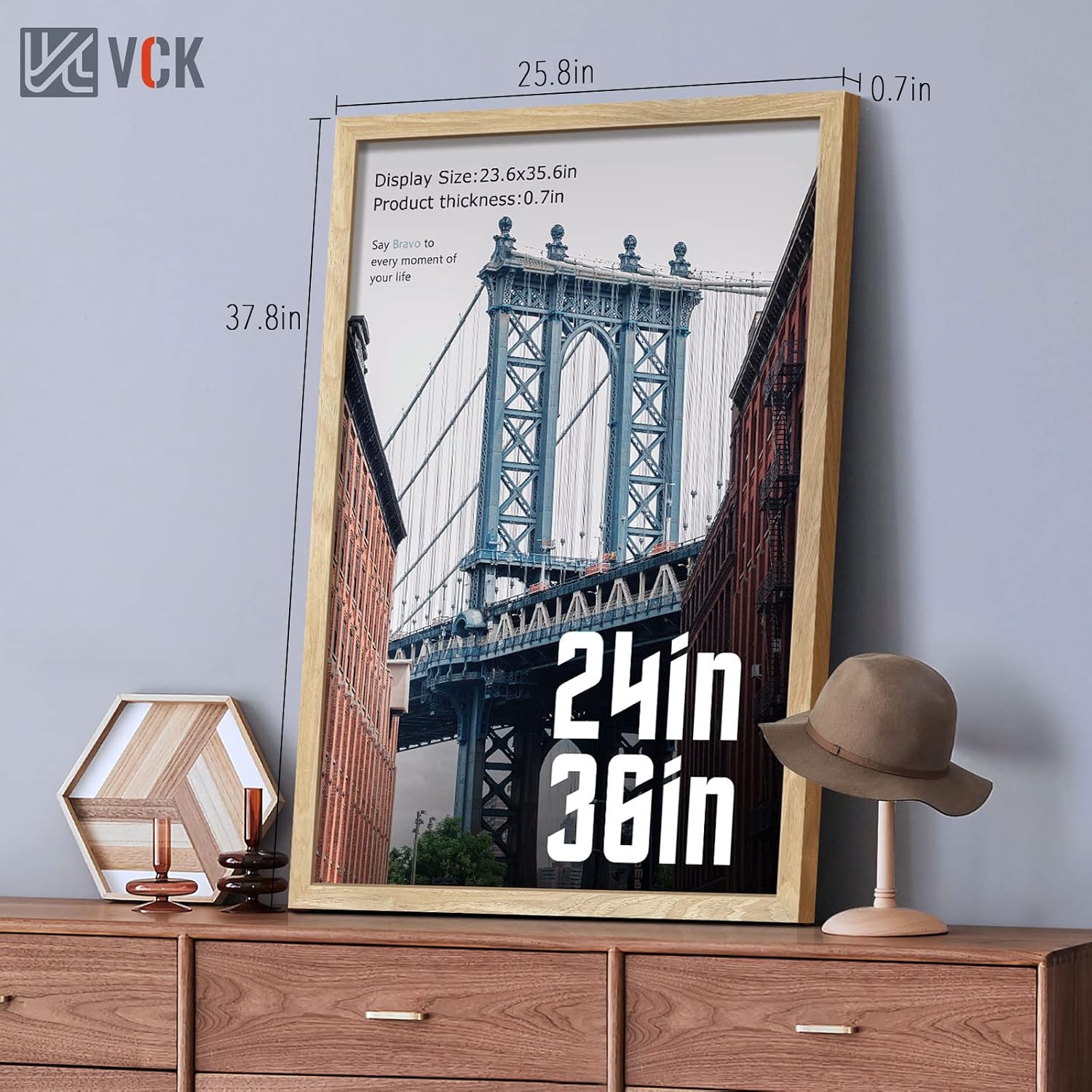 VCK 24x36 Poster Frame Natural Solid Wood 3 Pack, Exclusive Wood Grain Wall Hanging Picture Frame for Home Decoration
