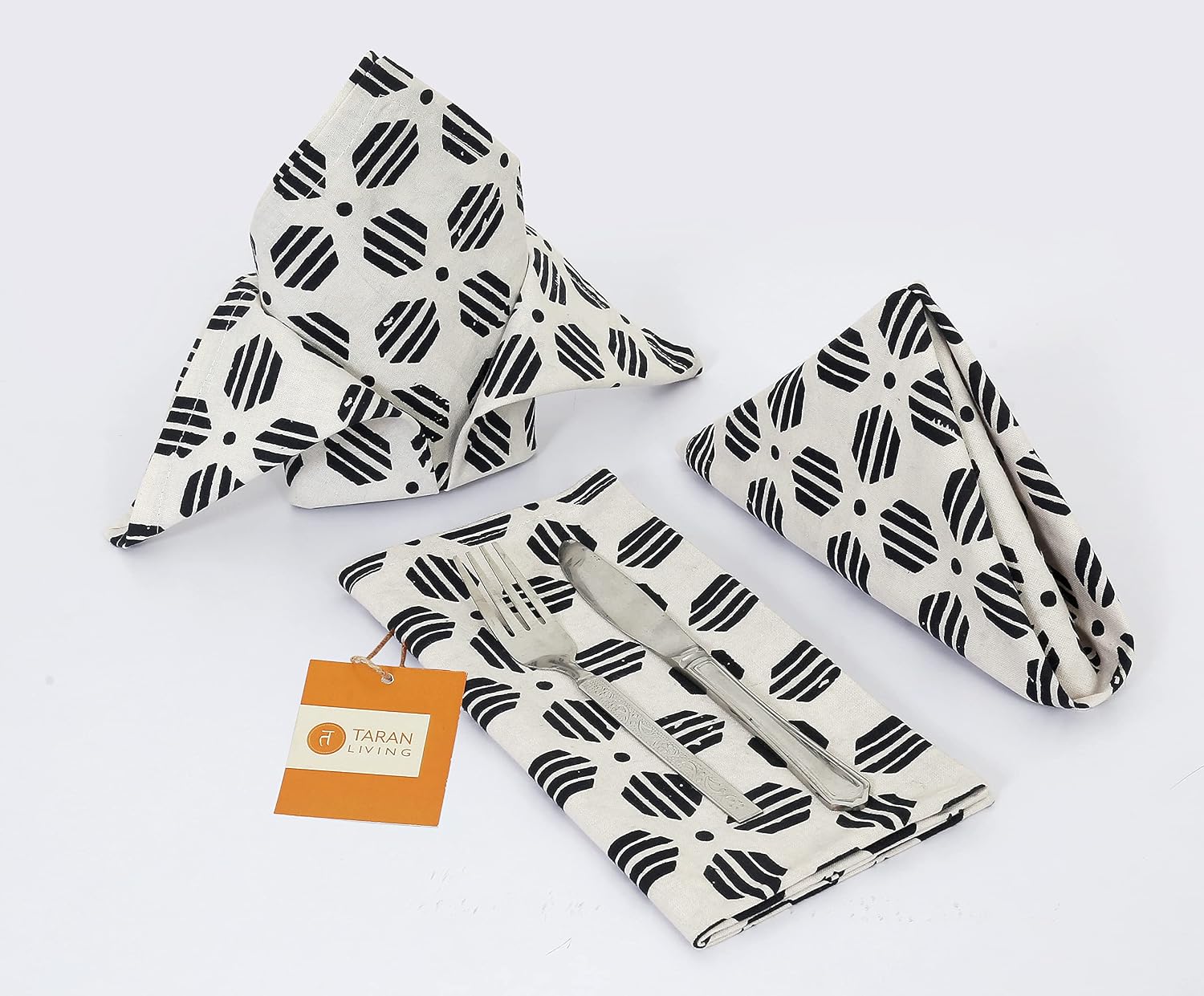 Taran Geometric Beige Print Cotton Dinner Napkins Set of 12 | 18x18 Inches | 100% Natural, Reusable Linens for Dinner