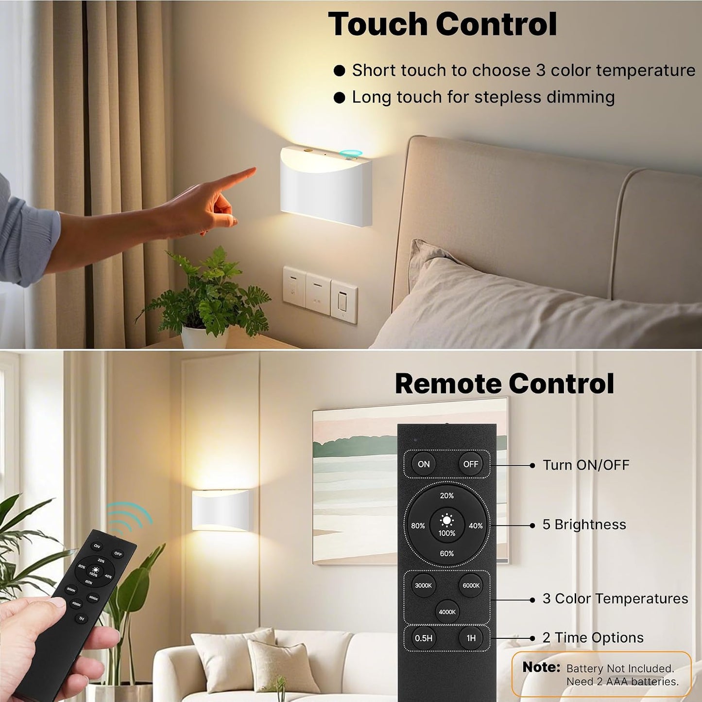 Battery Operated Wall Sconces Set of 2 Rechargeable Wireless White | 8000mAh Remote & Touch Control Wall Lamps 3 Color