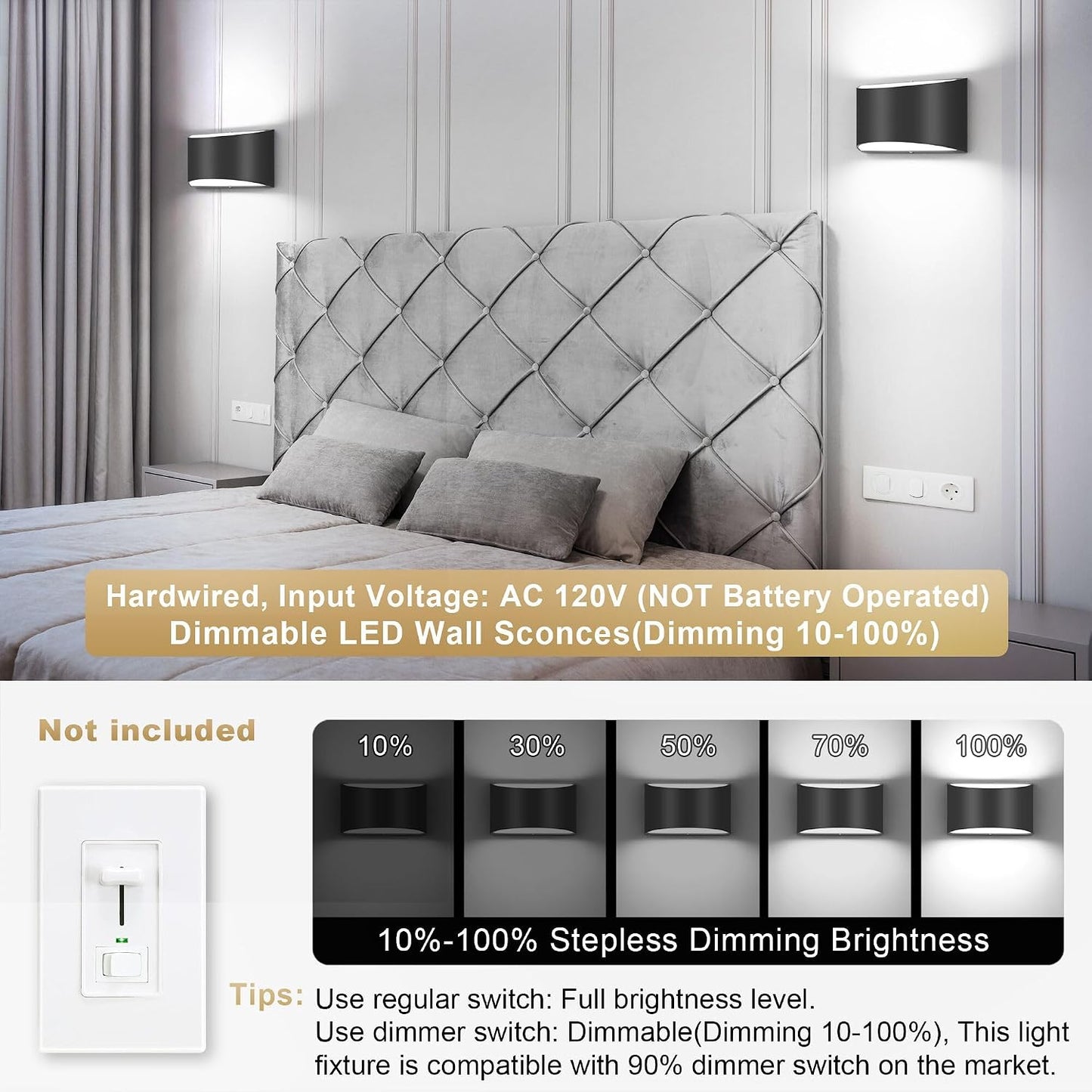 TRLIFE Modern Wall Sconces, 3000K/4000K/6000K Selectable and Dimmable LED Wall Sconce 12W Aluminum Wall Mounted Light