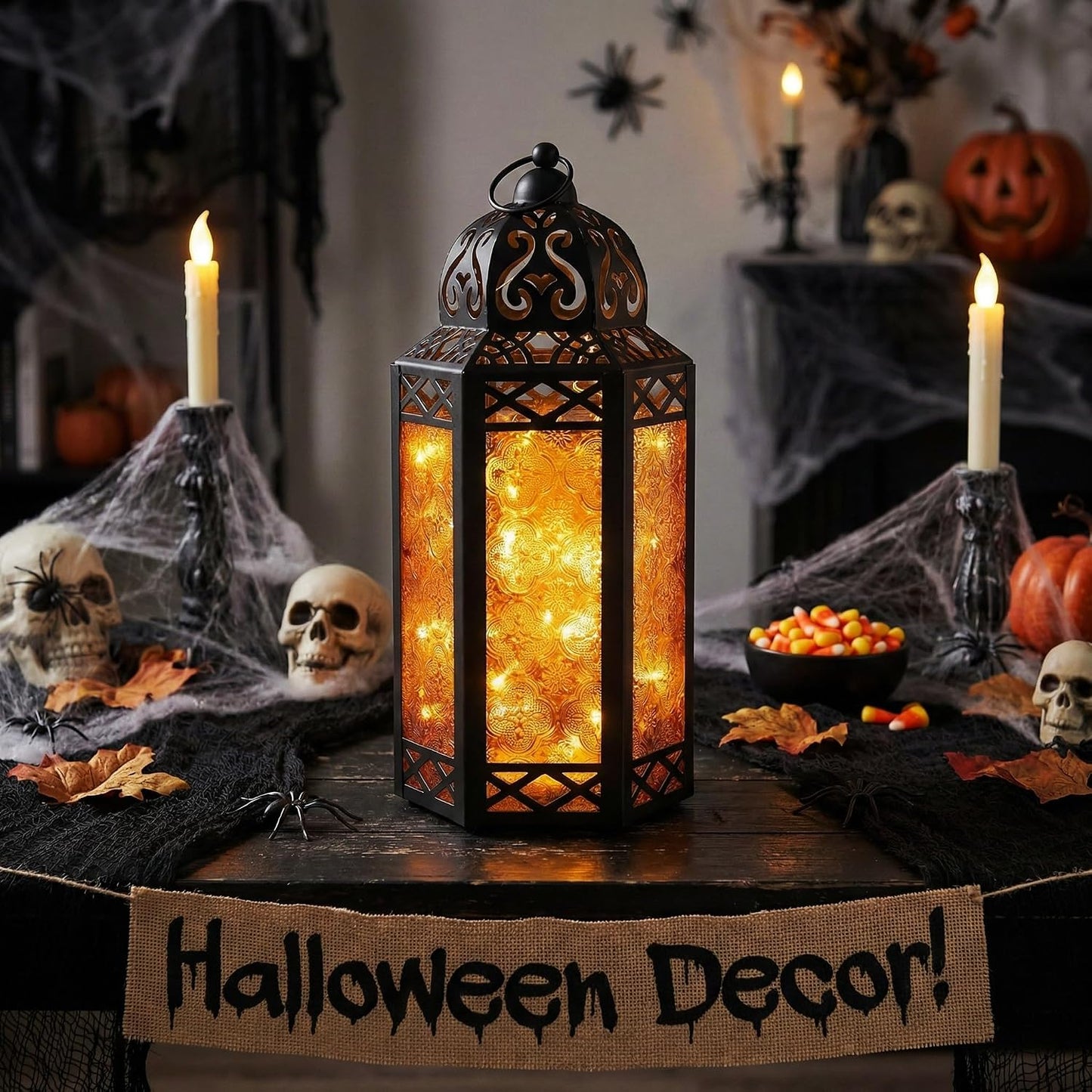 Vela Lanterns Decorative Indoor LED Light Halloween Holder, Amber, L, 2-PK | Orange Fall Decorations, Fantasy Moroccan