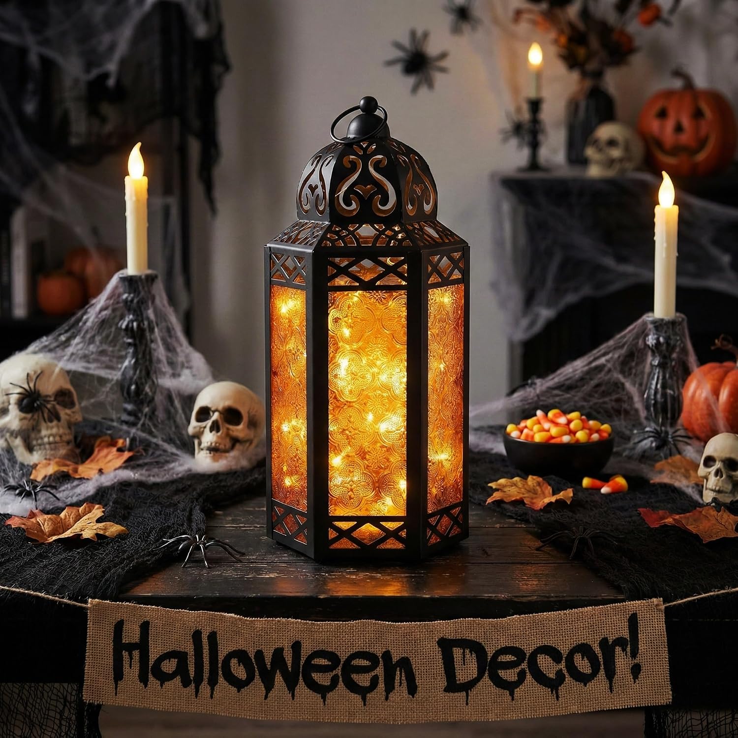 Vela Lanterns Decorative Indoor LED Light Halloween Holder, Amber, L, 2-PK | Orange Fall Decorations, Fantasy Moroccan
