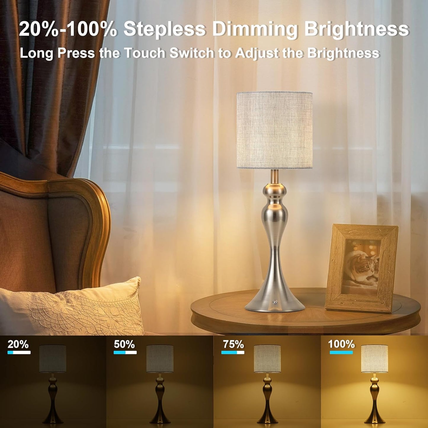 Touch 3-Way Dimmable Desk Lamp for Night Stands / Drum Shade - Nickel