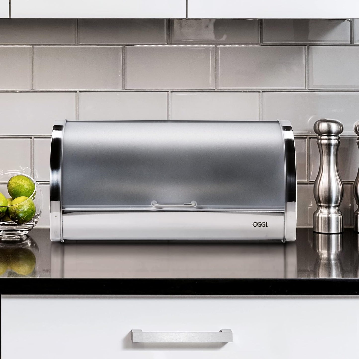 Oggi Stainless Steel Roll Top Bread Box for Kitchen Countertop with Frosted Plexilass Lid - Fits Multiple Loaves of