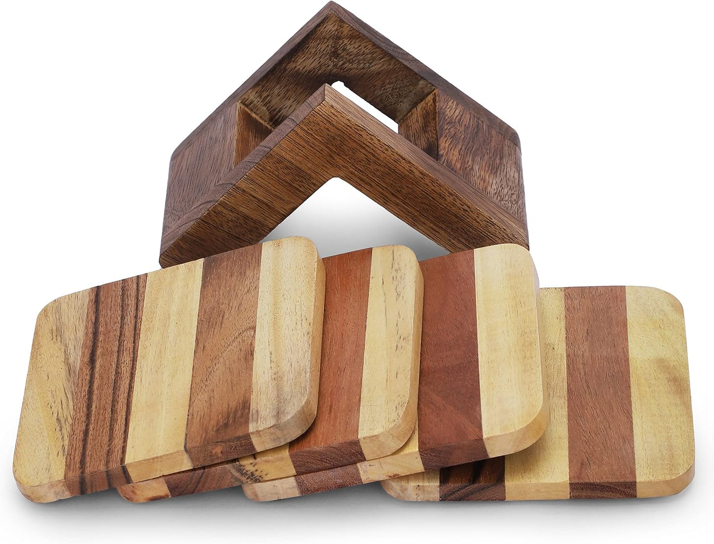 Holder Handmade Wooden Square Dual Tone Color Striped Design / Dual-color / Wood / 4 x 4 / Set of 4