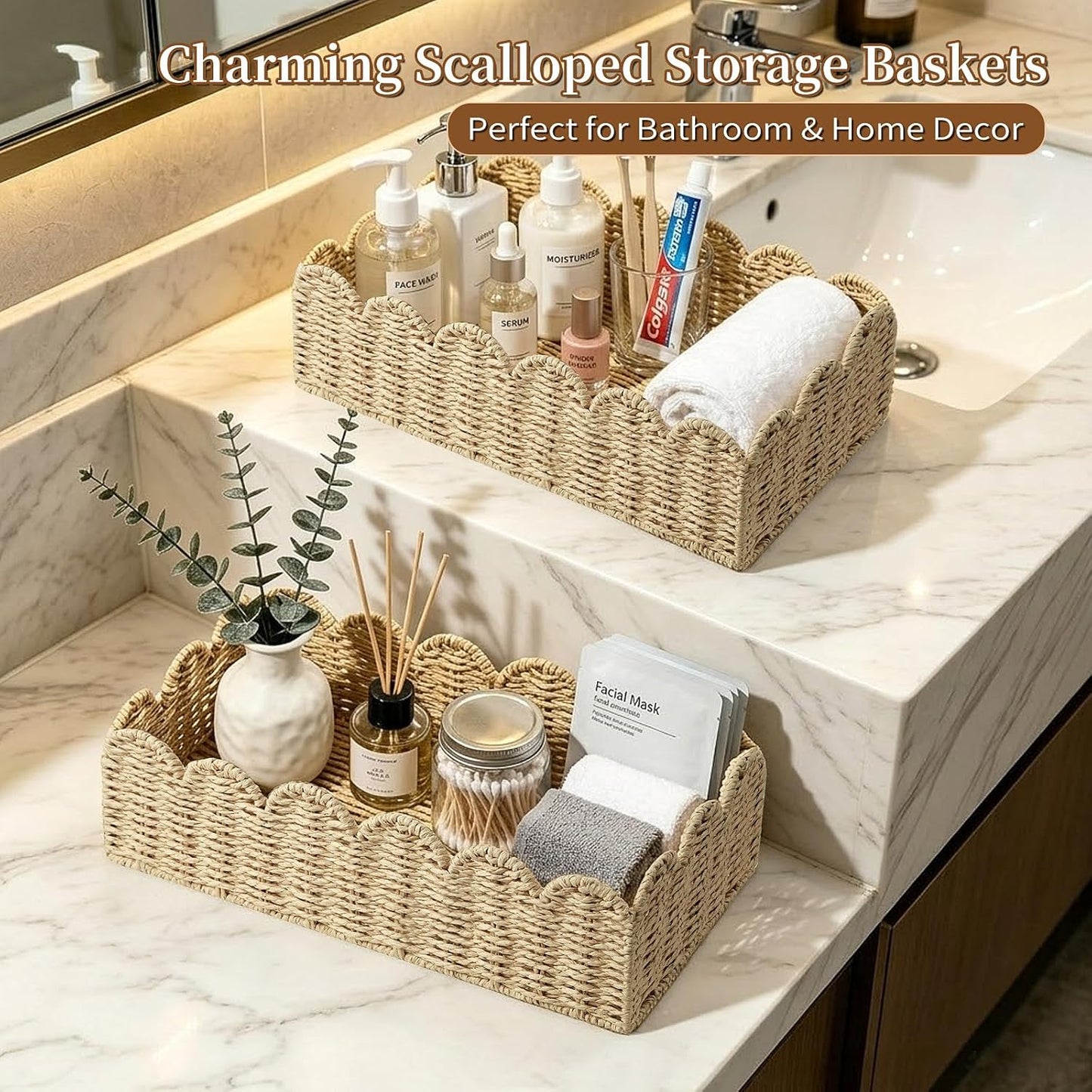Scalloped Wicker Shelf Baskets / Beige M+L / Set of 2