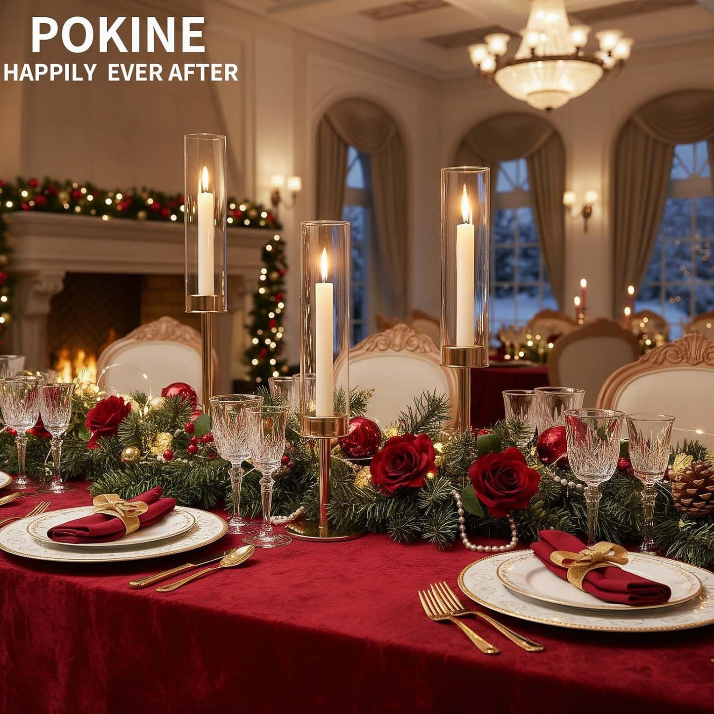 POKINE Gold Candle Holders Set of 6 for Taper Candle Holders | Hurricane Glass Candlestick Holder,Christmas