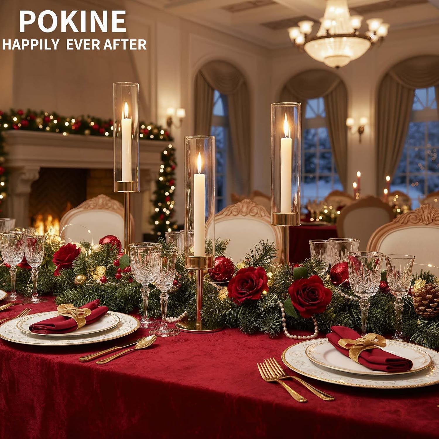 POKINE Gold Candle Holders Set of 6 for Taper Candle Holders | Hurricane Glass Candlestick Holder,Christmas