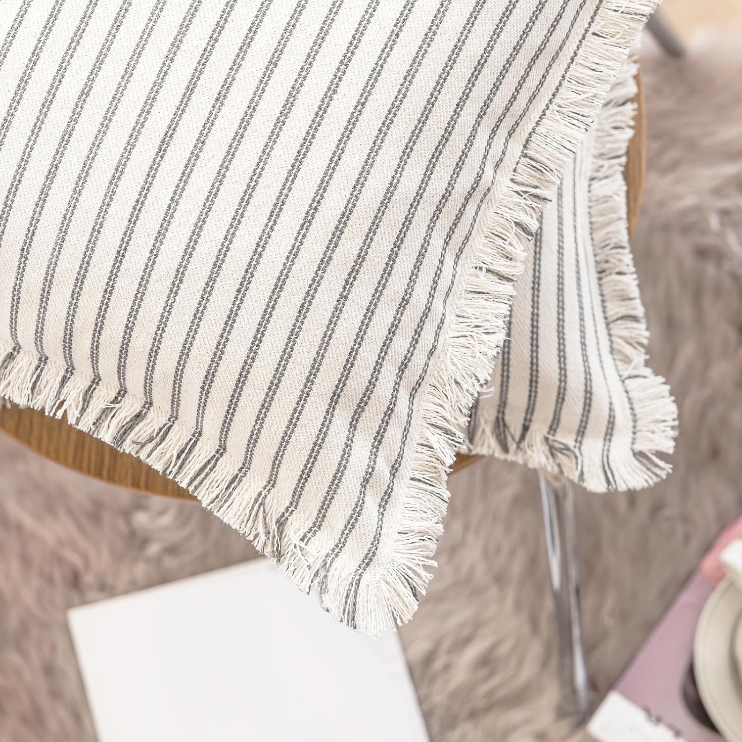 Throw Pillow Covers Striped Fringe Pillow Cover Farmhouse Cushion Covers / Grey / 18 x 18 / Set of 2