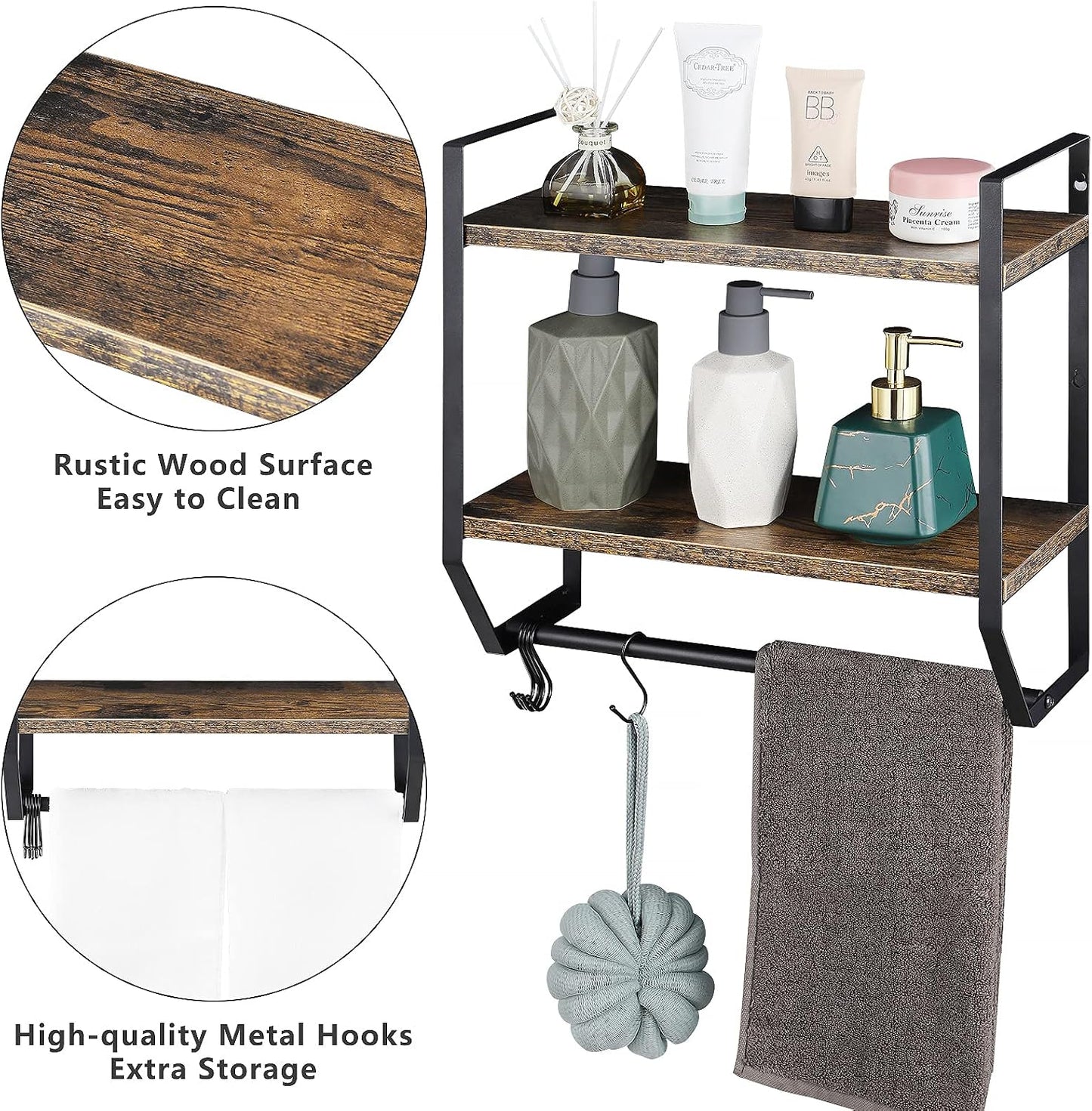 OYEAL Bathroom Shelf with Towel Bar Wall Mounted Towel Rack | Rustic Towel Shelf for Bathroom with 5 Hooks, 2 Tier