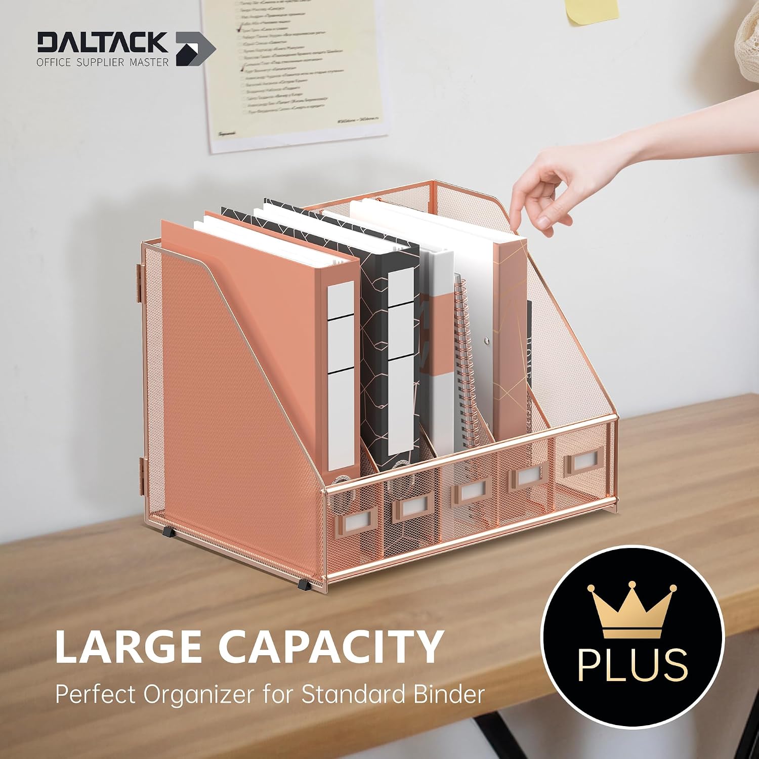 DALTACK 5-Slot Magazine File Holder, Metal Binder Holder, Rose Gold | Iron Mesh Construction, Labeled Sections for Easy