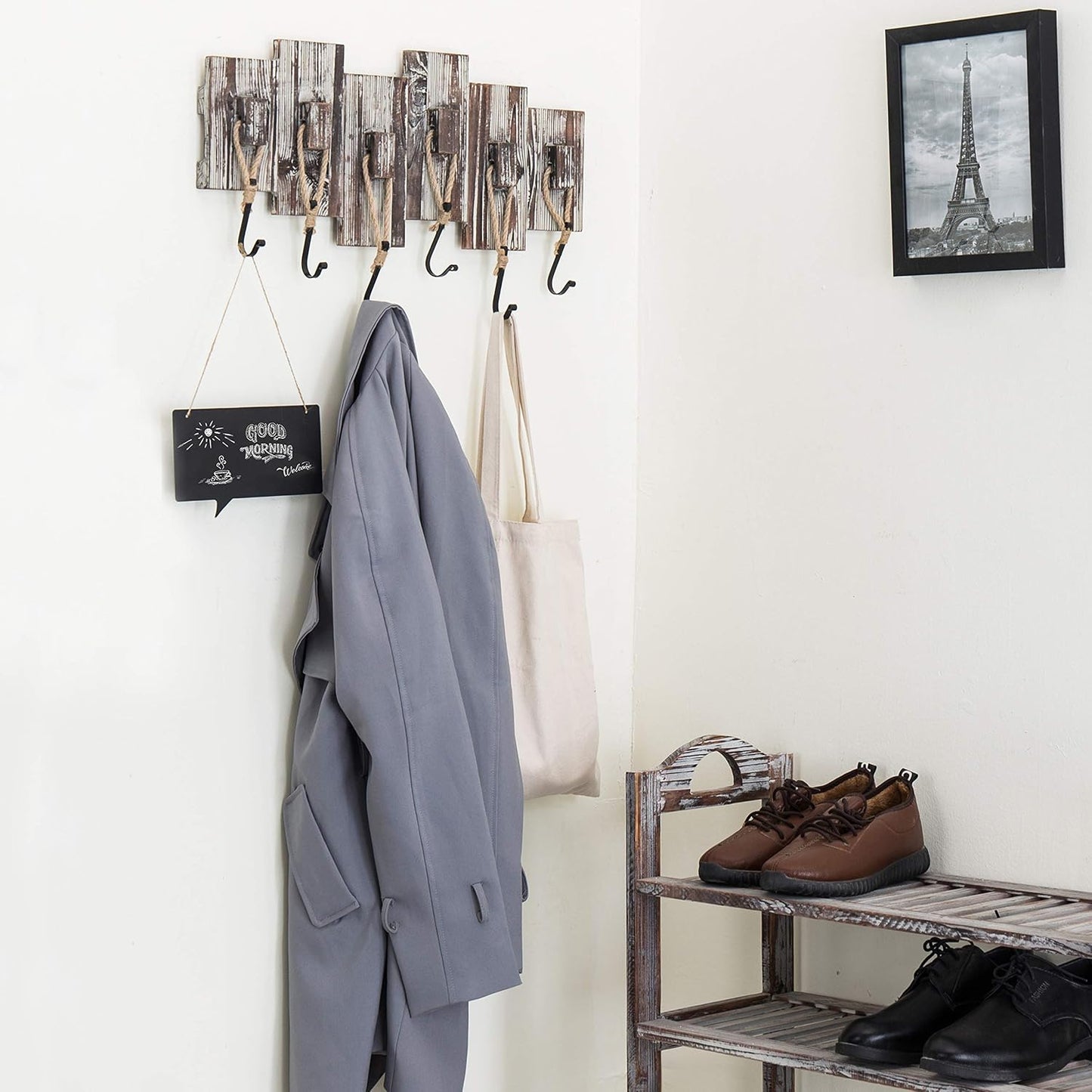 6 Hook Wall Mounted Entryway Coat and Hat Rack / Torched Wood