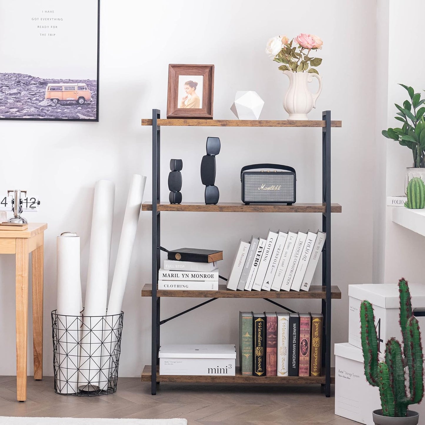 Metal Frame / Rustic Open Book Shelf / 4-tier / Rustic Brown