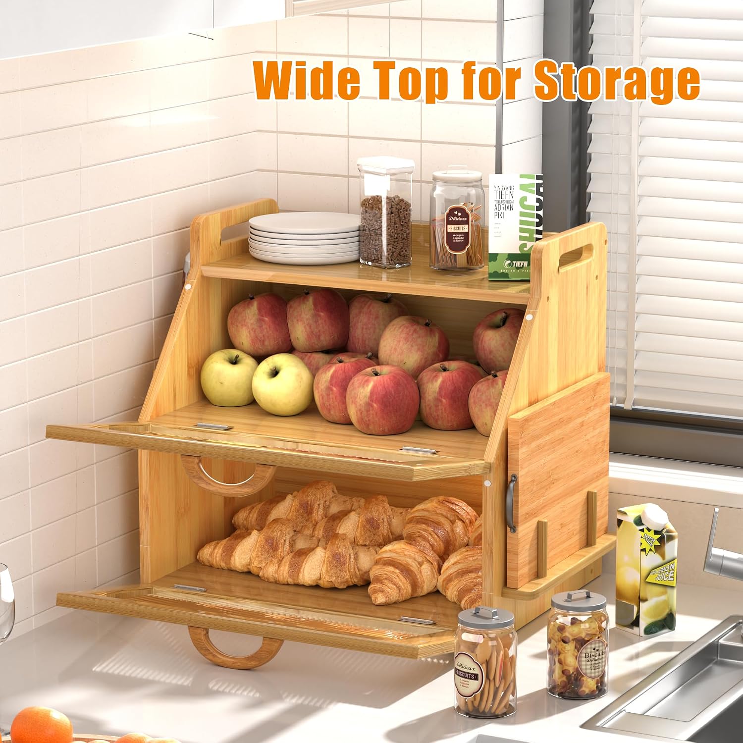 Bread Box for Kitchen Countertop, Large Bread Storage Container for Homemade Bread, Wooden Farmhouse Breadbox