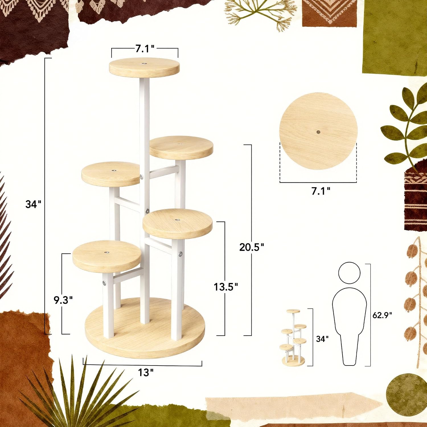 5 Tier Plant Stand Indoor | Metal Wood Plant Stands For Indoor Plants Multiple, Corner Tiered Flower Plants Shelf Stand