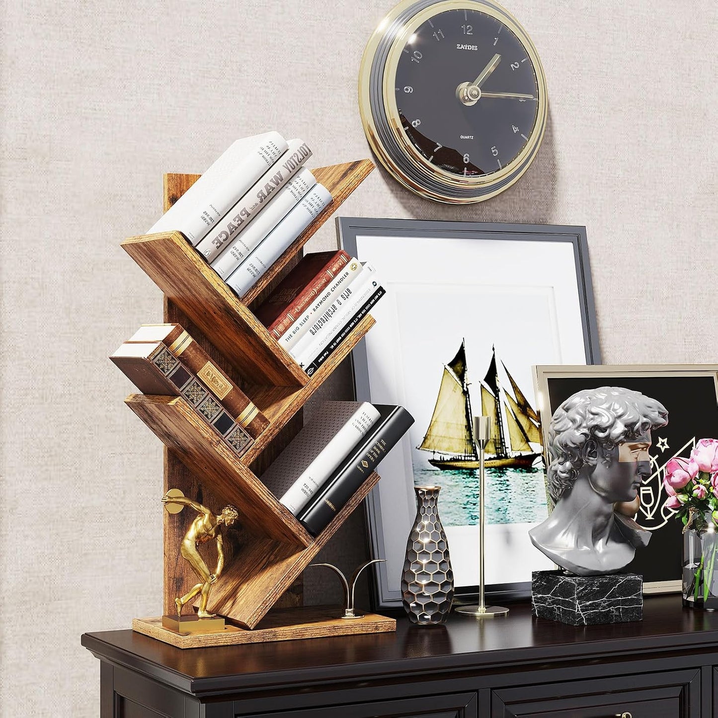YMYNY Tree Bookshelf, 4-Tier Book Storage Organizer Shelves,Rustic Brown, HBC014H