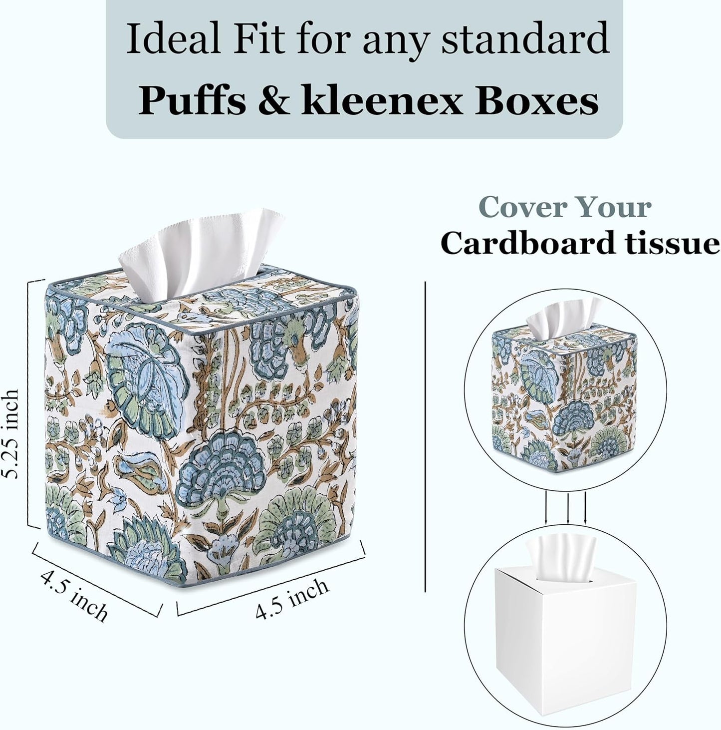 Block Print Tissue Box Cover Handmade Cotton Fabric Decorative Square Napkin / Asparagus Green