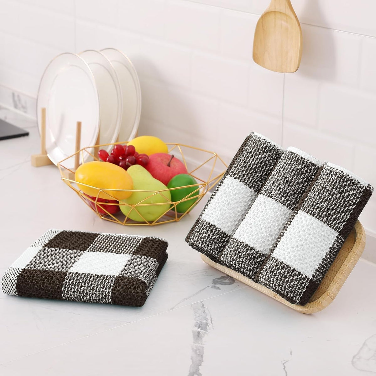 Homaxy Kitchen Towels and Dishcloths Set, Set of 12, White & Dark Brown | Bulk Cotton Waffle Weave Check Plaid Kitchen