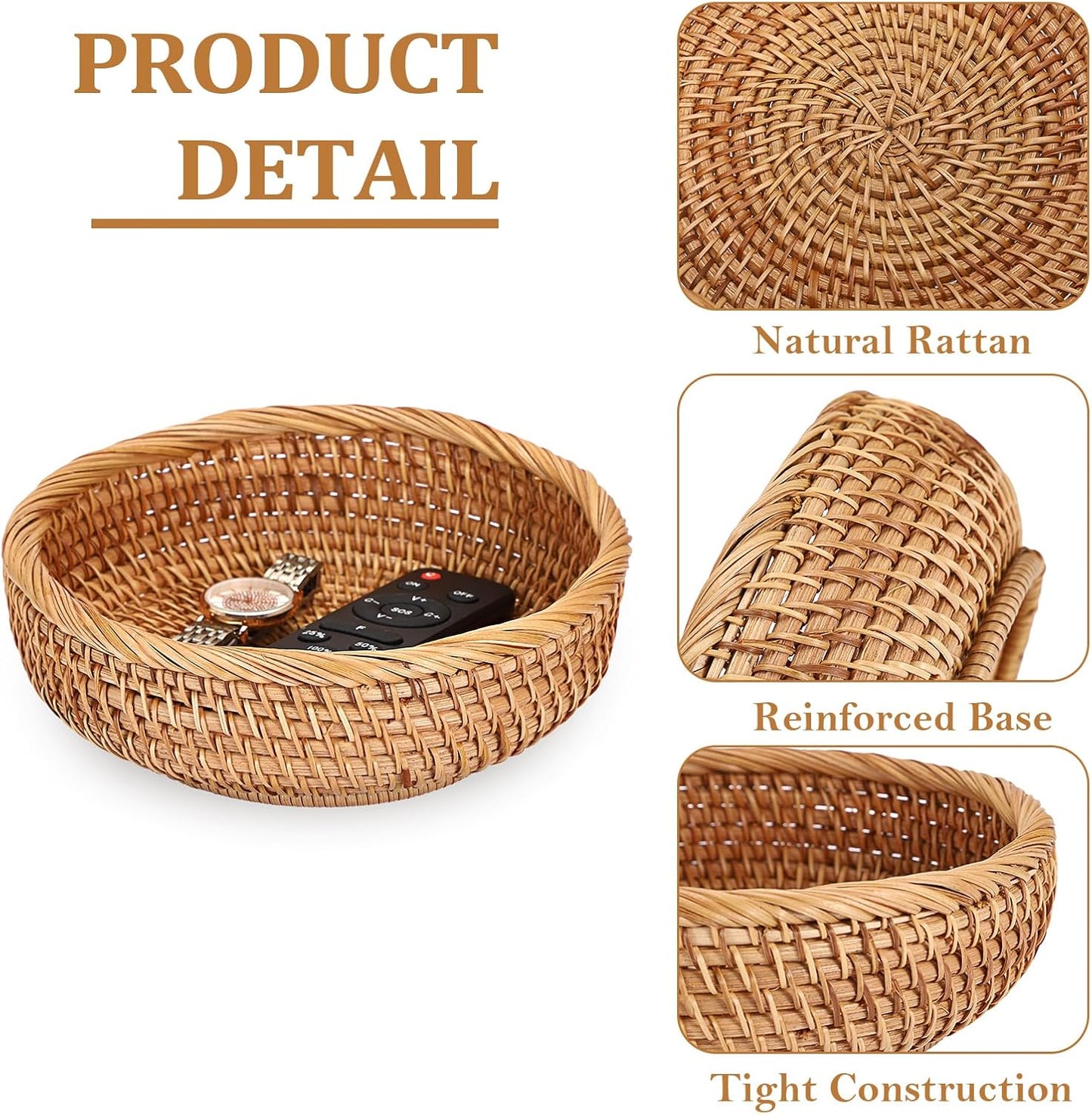 Small Keys Basket for Entryway Table 7.9" Rattan Key Bowl / 7.9" L x 7.9" W x 2.6" H / Natural Color