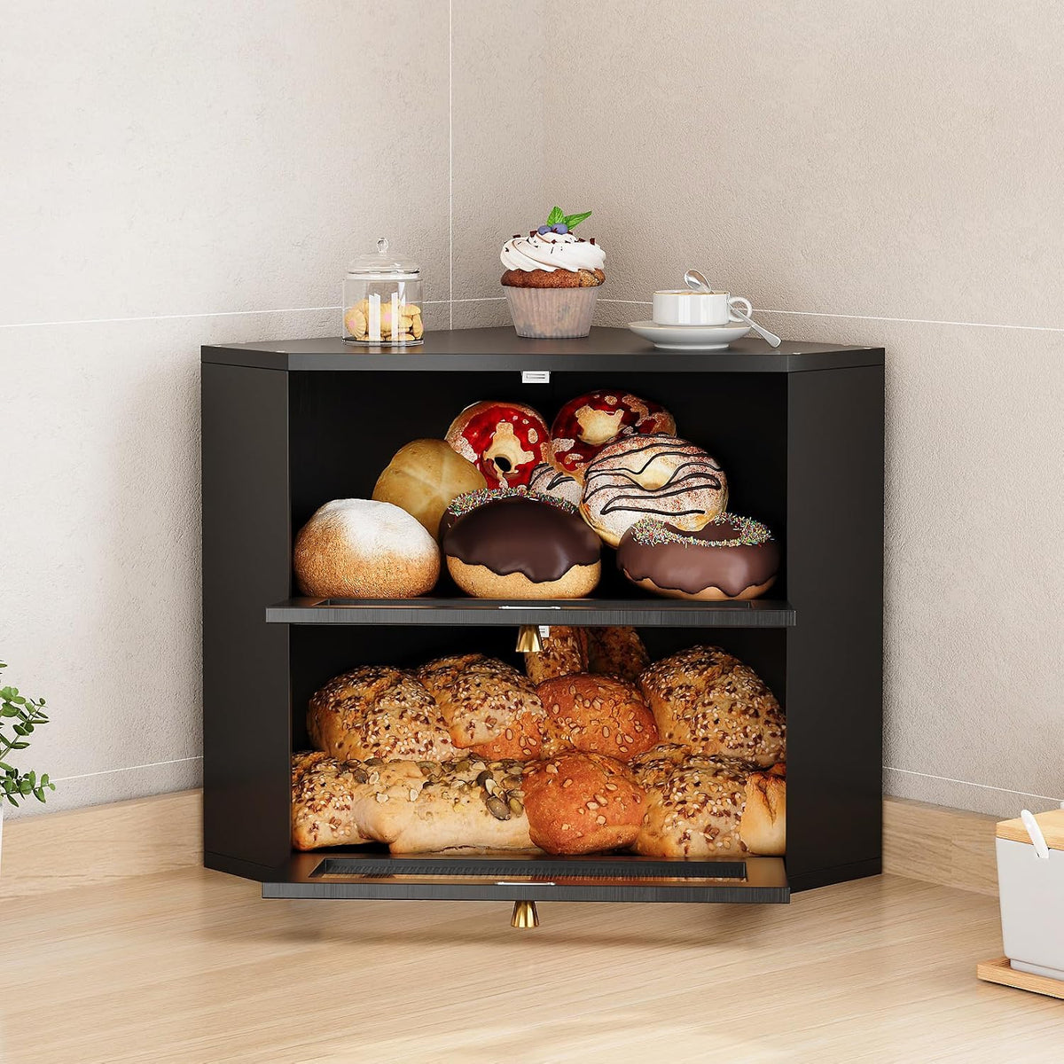 Trironsun Corner Bamboo Bread Box for Kitchen Counter Double Layer Bread Storage Container Large Capacity Bread Storage