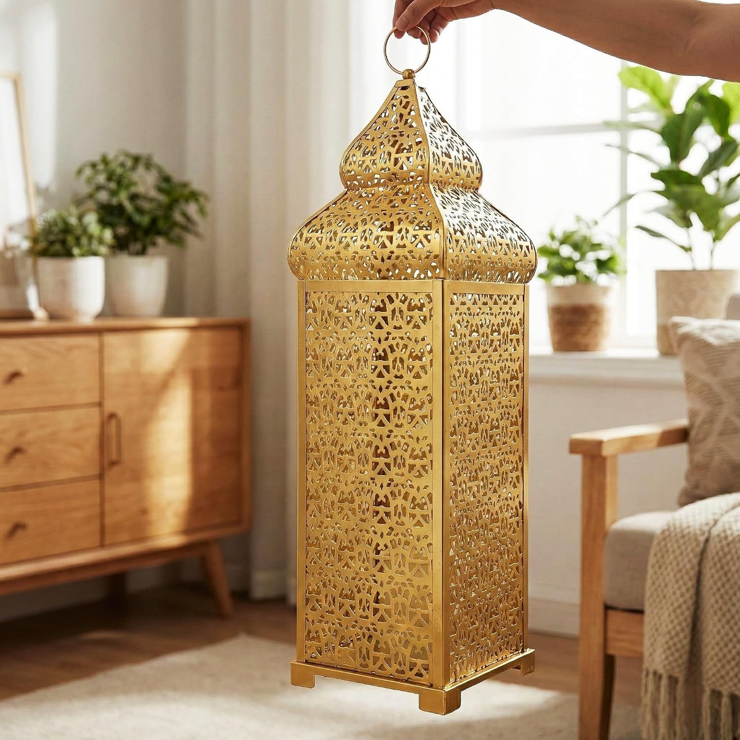 Vela Lanterns Decorative Indoor Tall Moroccan Floor Candle Holder, Gold, XL | Ramadan Decorations for Home, Extra Large